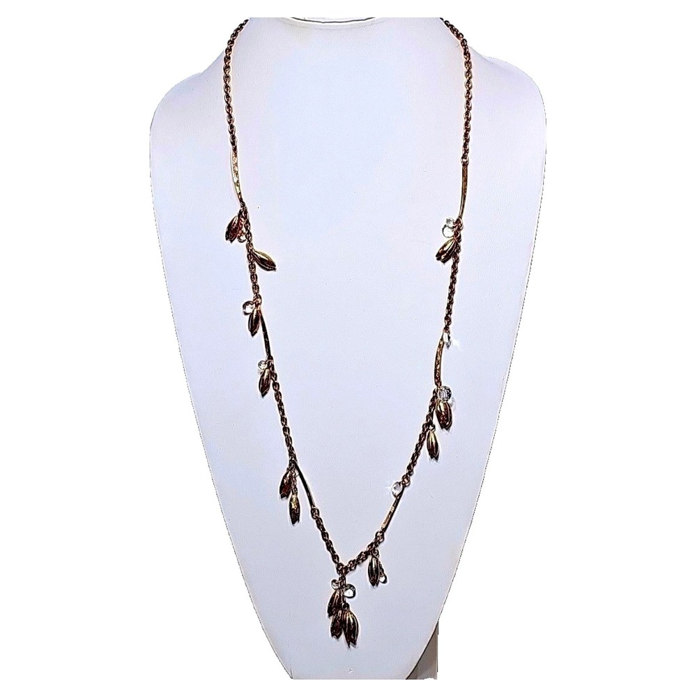 J Crew Bronze Leaf Crystal Long Pendant Necklace Textured Boho Charm Statement